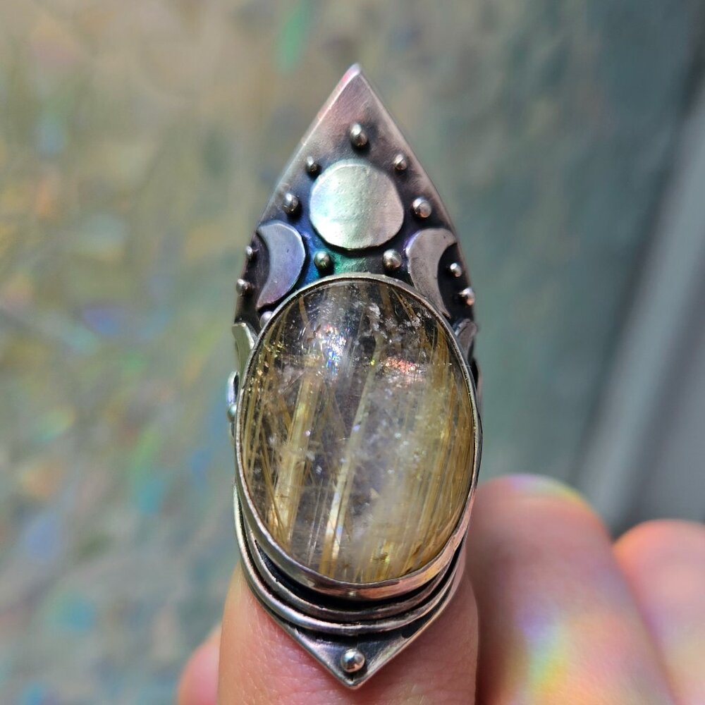 Acid Queen Moon Shield Ring - rutilated quartz size 7